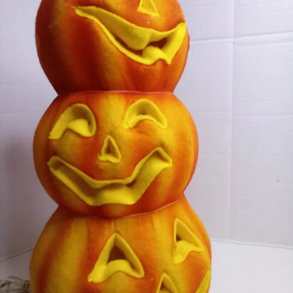 Vintage 3 Tier Jack O Lantern Pumpkin Felt Covered Blow Mold Halloween 18" Works - Picture 11 of 13